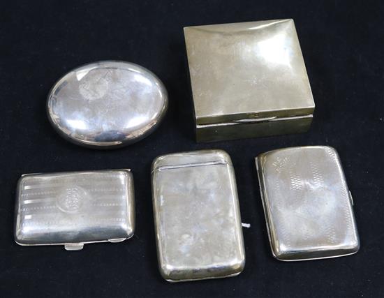 A square silver cigarette box, two silver cigarette cases, a silver cheroot case  and an oval silver tobacco box,